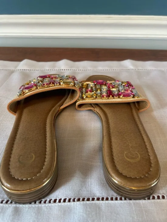 Embellished Pink & Gold Jeweled Slide Sandals - Women - Picture 4 of 4